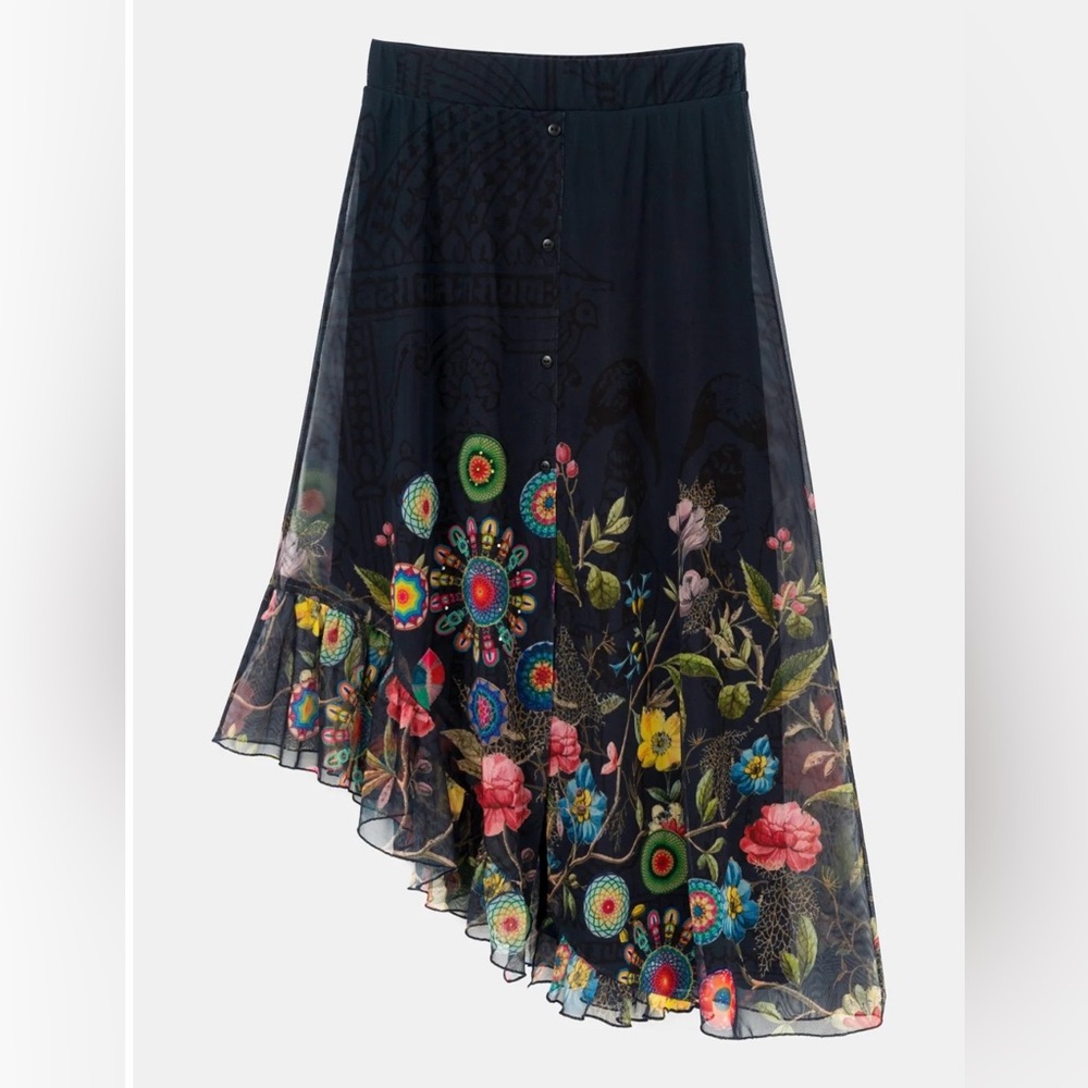 Desigual Asymmetrical Skirt - Black with Floral Patterns